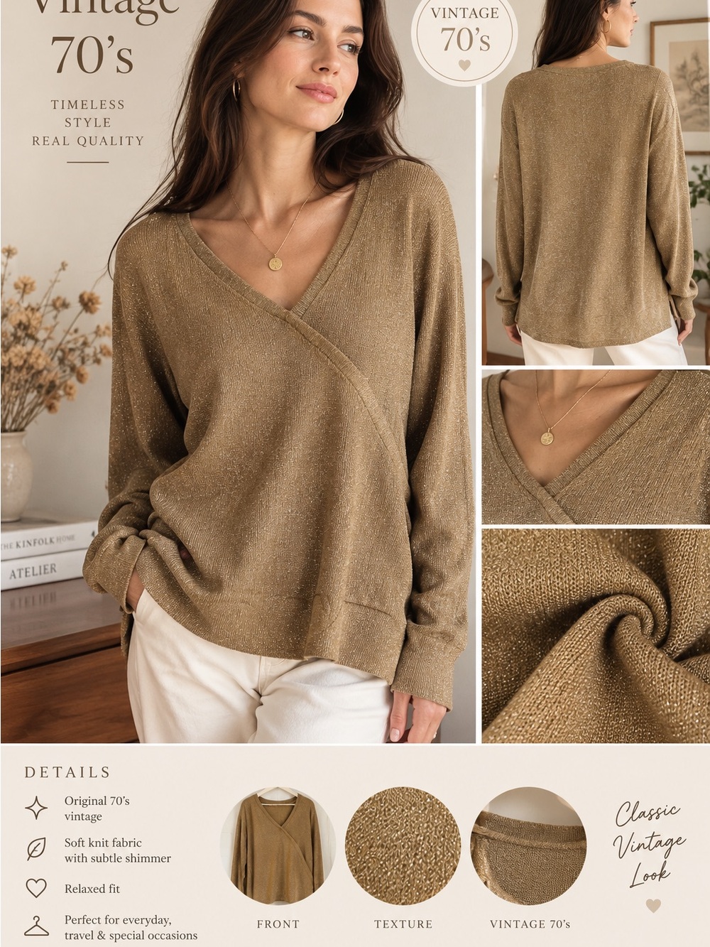 Vintage 70s Gold Metallic Shimmer Knit Sweater Women’s Wrap Front V Neck Retro